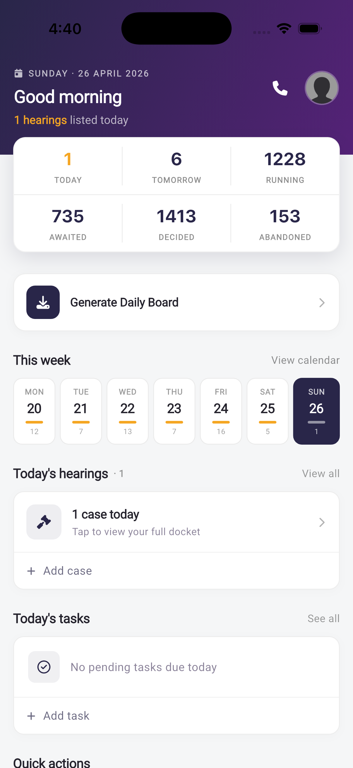 Case Bench Dashboard showing today's cases and key metrics